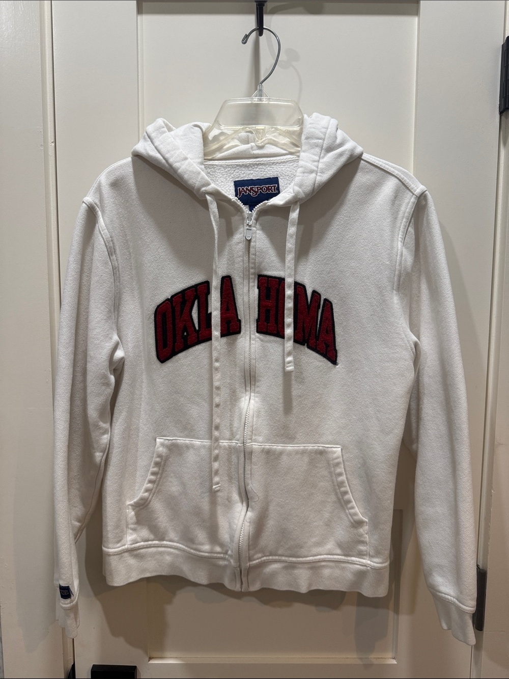 Jansport White Zip Hoodie with Red Oklahoma Applique